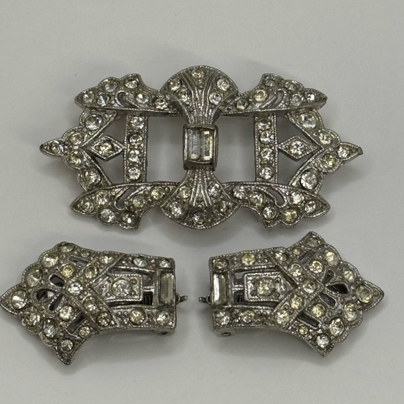 Antique Art Deco Double Dress Clip Clear Rhinestone Brooch - Picture 3 of 15